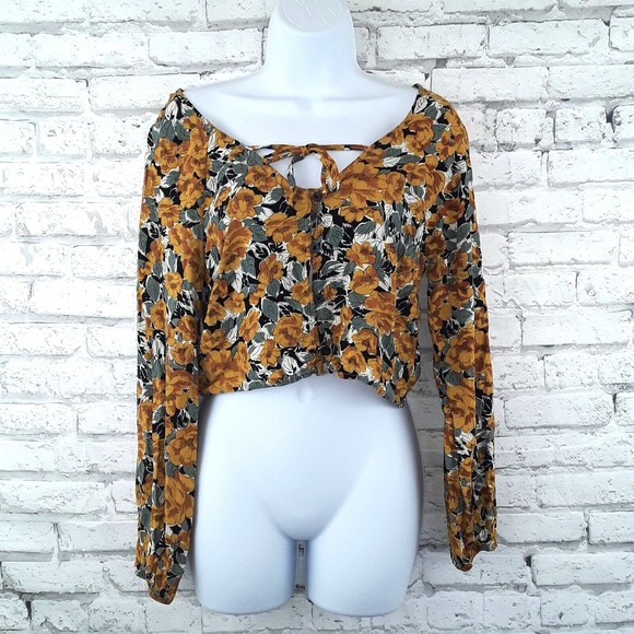wild fable Tops - Wild Fable Blouse Womens Small Yellow Floral Cropped Button Long Sleeves Rayon